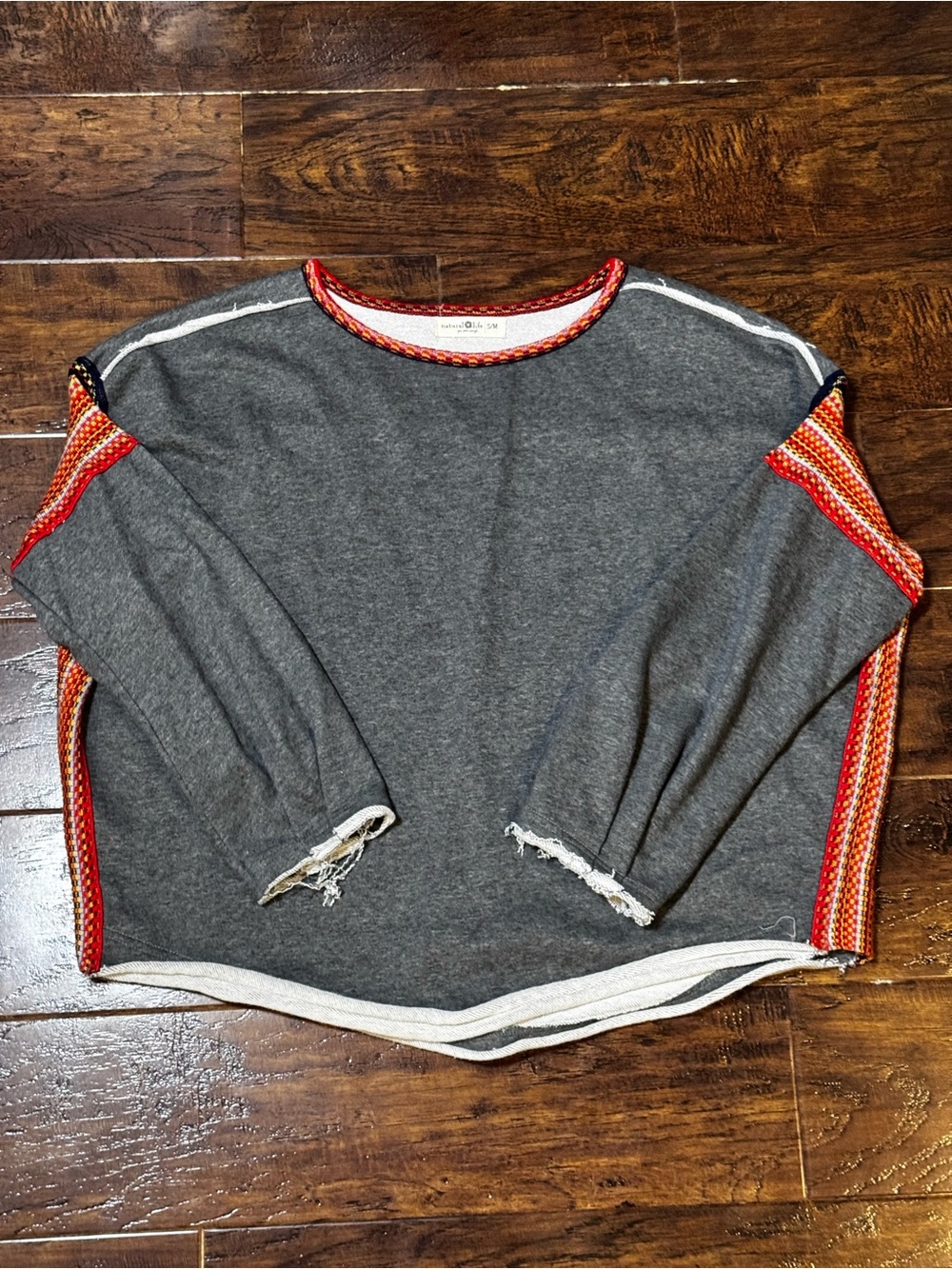 Natural Life Knit Trim Sweatshirt Charcoal Oversized Boho Pullover Size S/M
